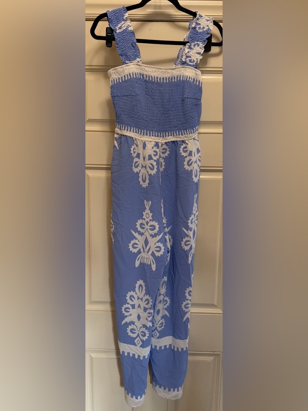 Smocked Blue and White Embroidered Strap Jumpsuit